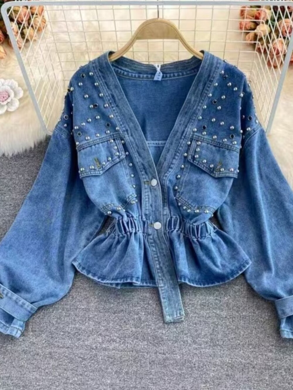 Women's Rhinestone& Stud Embellished V-Neck Button-Up Denim Jacket- Long-Sleeve